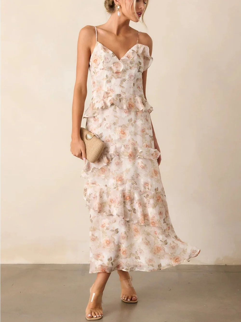 Floral Ruffle Maxi Dress - nude multi